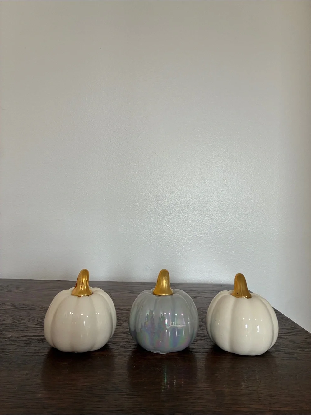 NWT- Set of 3- White & Gray Pearl Iridescent- Ceramic Pumpkins with Gold Stems